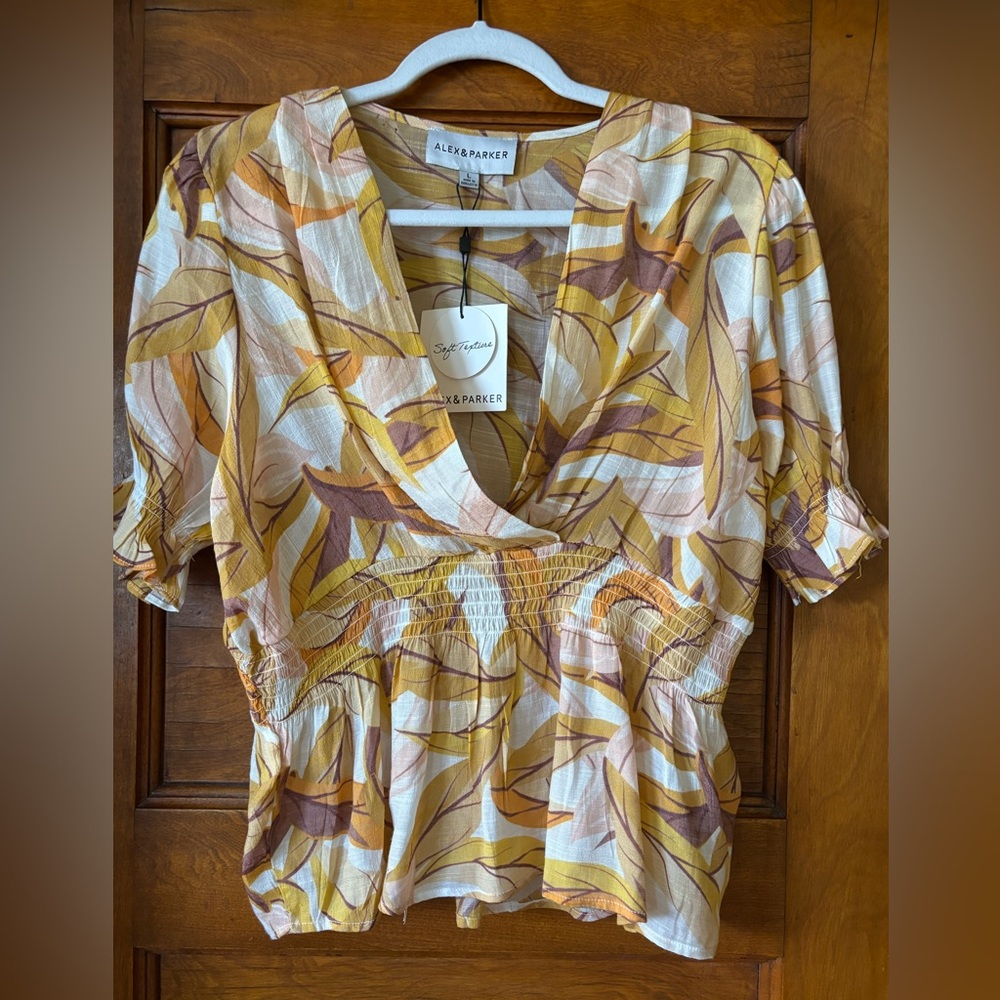 Alex & Parker Women's Leaf Print Top - Yellow and Brown